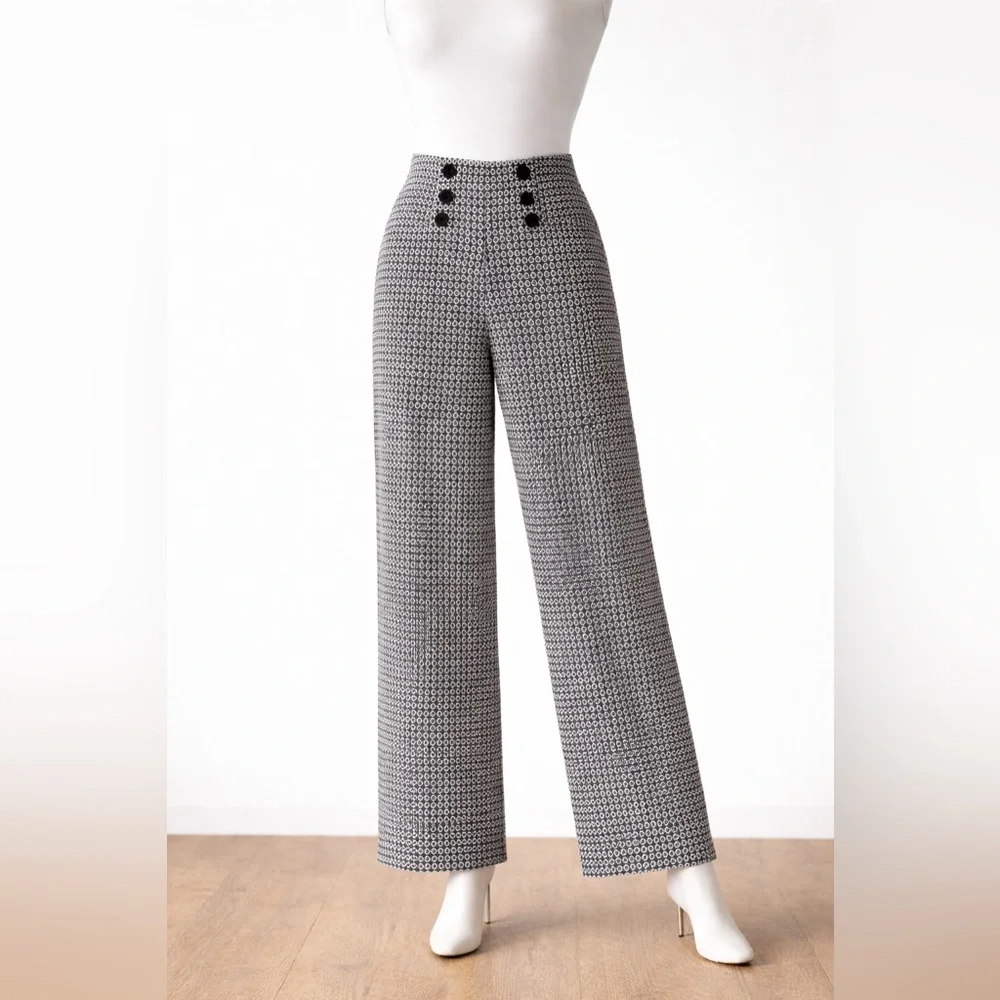 Max Studio High Waist Sailor Button Wide Leg Pants Black White Geometric Print S